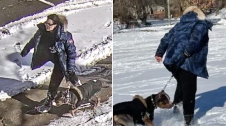 A woman is seen walking through snow with a dog.