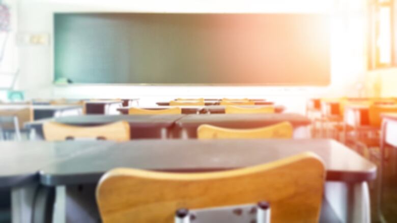 A classroom is portrayed with a chalkboard at the front and empty desks and chairs.