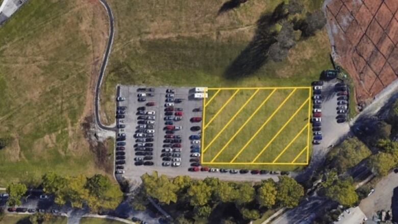 An aerial shot of the Garrison Grounds parking lots at the base of Halifax's Citadel Hill, with a markup showing a proposed parking lot.