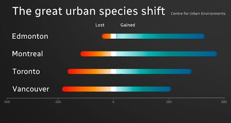 A graph with red on the left and blue on the right, showing species losses and gains expected in different cities.