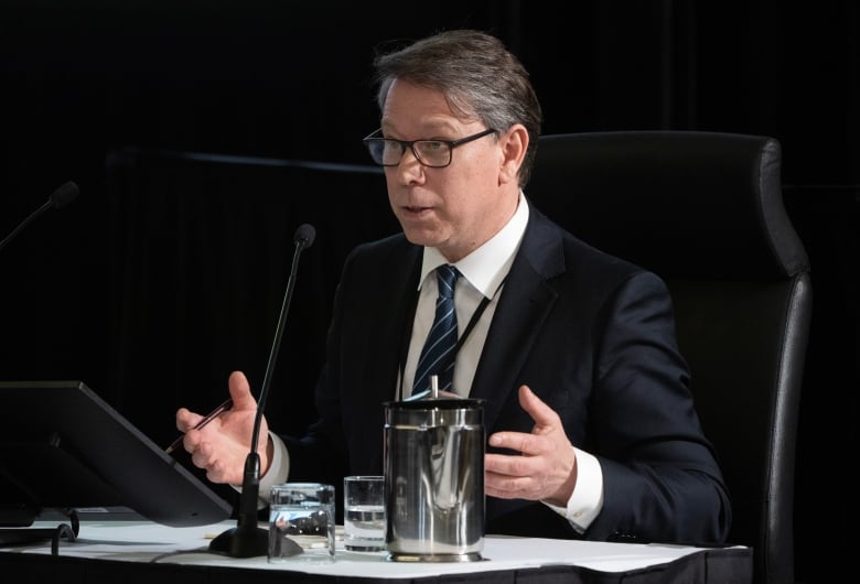 Elections Canada Chief Electoral Officer Stephane Perrault responds to questions from counsel as he appears at the Public Inquiry Into Foreign Interference in Federal Electoral Processes and Democratic Institutions, Thursday, March 28, 2024 in Ottawa.