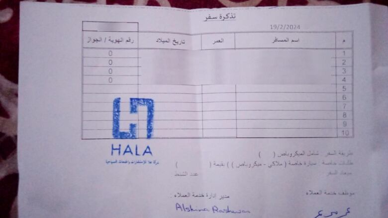 A piece of paper with arabic writing indicates it is a receipt. A blue stamp in the centre says Hala. 