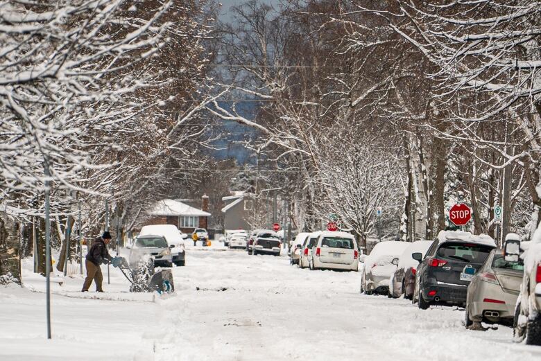 A person is seen snowblowing their driveway in a wide-shot of a snow-covered street.