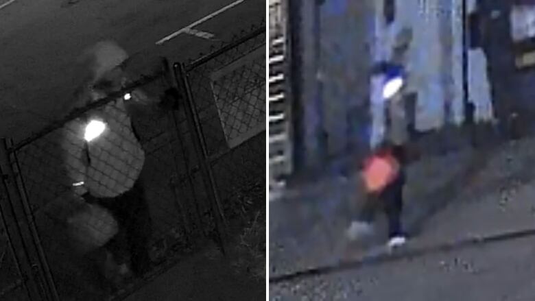 A composite of two grainy CCTV images of a man carrying a jerry can and wearing a jacket with reflective strips on it.