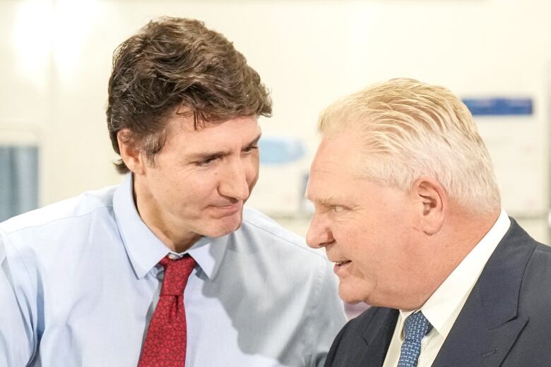 Prime Minister Justin Trudeau and Ontario Premier Doug Ford attend an announcement at Seneca College in King City, Ont., on Feb. 9, 2024.