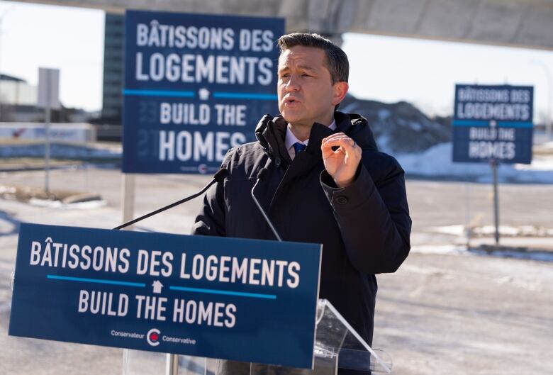 Federal Conservative Party Leader Pierre Poilievre speaks about housing at a news  conference in the Montreal suburb of Pointe-Claire, Que., Thursday, Feb. 15, 2024.