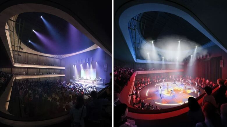 On the left is a rendering of the new 1,000-seat theatre in the expansion of Arts Commons, set up for a rock concert. On the right is a rendering of the same theatre in  set to a flat floor configuration.