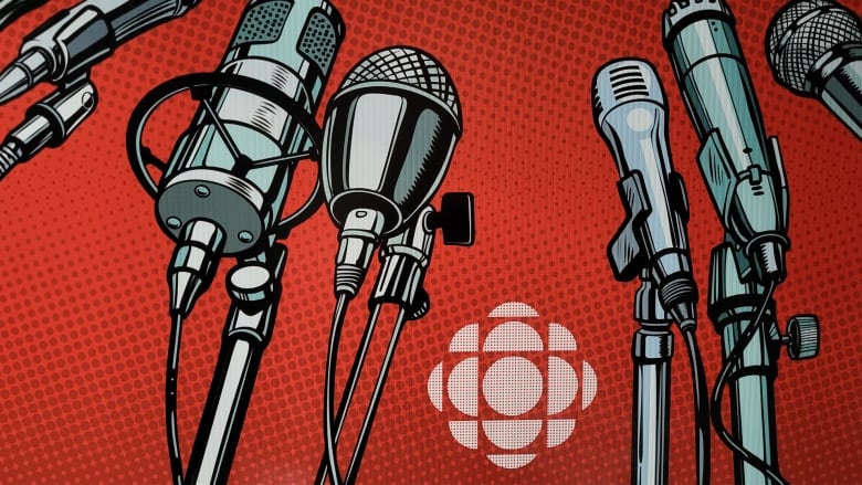 A comic book, halftone style photo of several microphones set-up side-by-side in front of a red background.