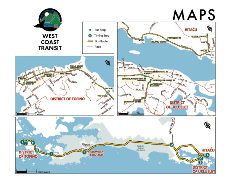 Three maps show a new bus line that will reach various communities in western Vancouver Island. A title for the map says West Coast Transit.