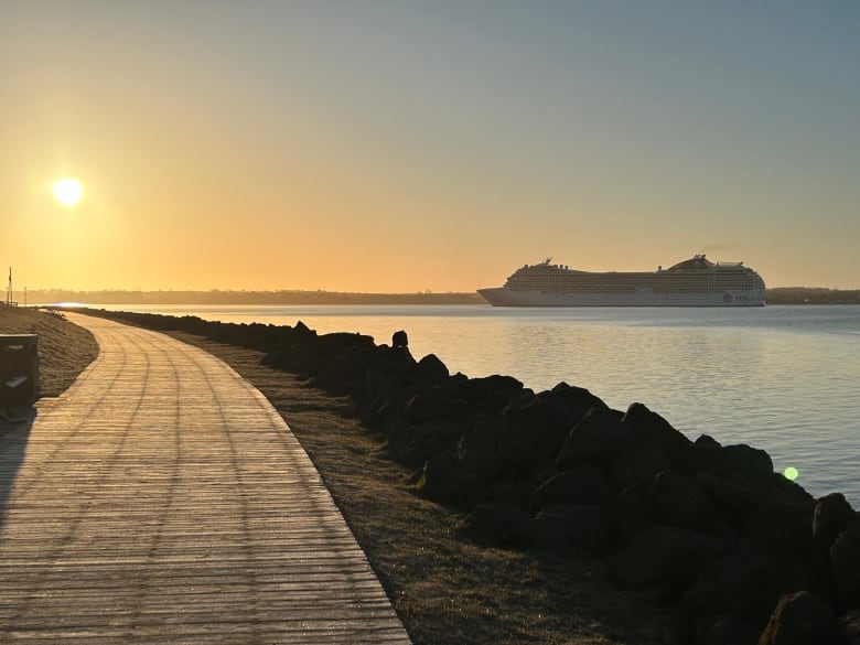 Cruise ship entering the harbour as sun rises.