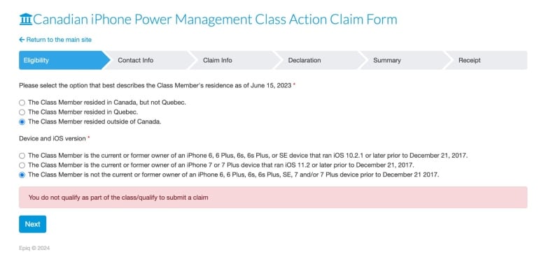 A screenshot of the first step of the application process that shows whether a user is eligible or not based on their residence and device.  