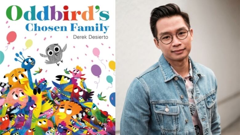 Oddbird's Chosen Family by Derek Desierto. Illustrated book cover shows and group of many colourful bird creatures and balloons and confetti. Headshot of an Asian man author in a jean jacket.