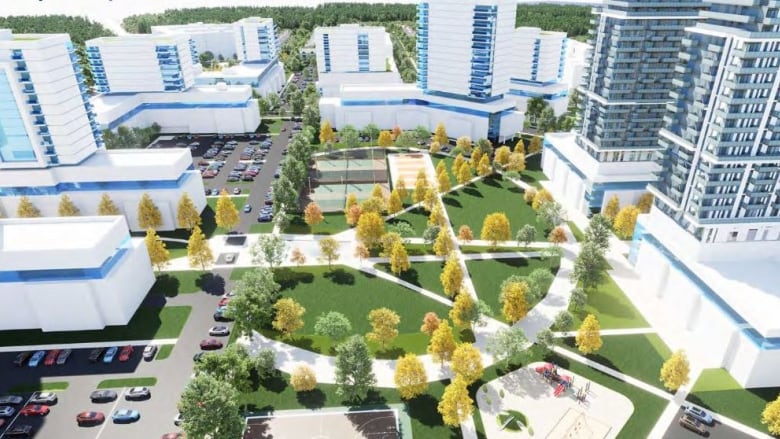 A computer design shows blocky white and blue buildings surrounding a green park space with trees, and parking lots