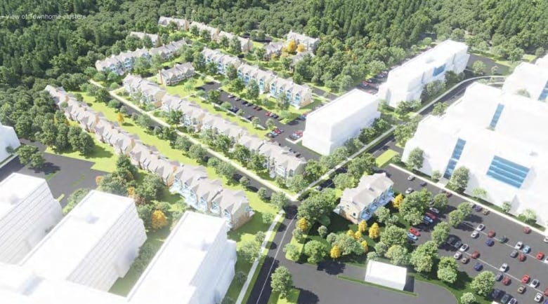 A design shows white large buildings amongst green trees, with rows of towhomes in the top left of the site