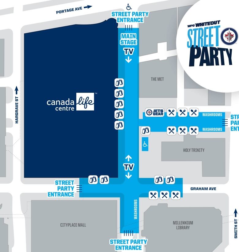 A map shows the Canada Life Centre in downtown Winnipeg, with Donald Street beside the building and a short section of Graham Avenue marked in blue. It also shows locations of big-screen televisions, a main stage and entry points.