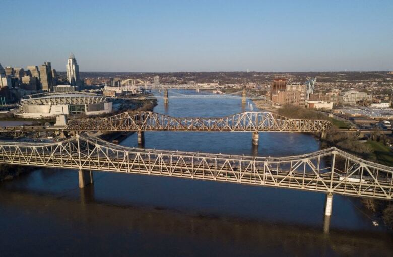 The Brent Spence Bridge spans the Ohio River on the Ohio-Kentucky border in Cincinnati, Ohio on April 2, 2021.