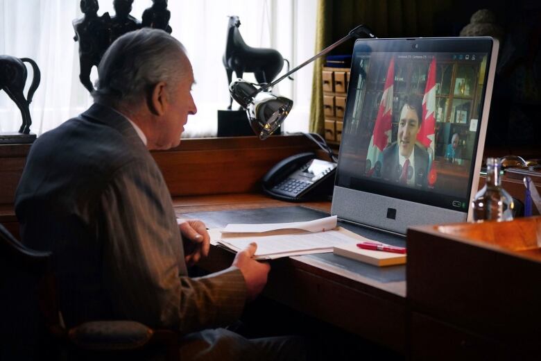 King Charles speaks to Prime Minister Justin Trudeau via videolink during a virtual audience, at Buckingham Palace, in London, Wednesday, March 6, 2024.