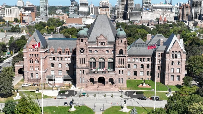 Summer aerial (drone) images of Toronto Legislative Assembly, Queen's Park and University Ave.