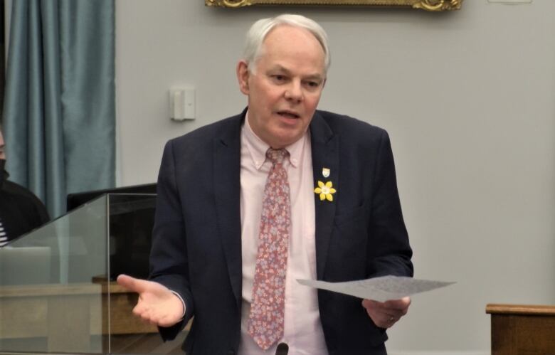 Peter Bevan-Baker gestures while standing in the legislature.