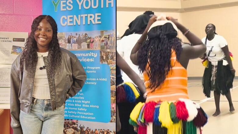 A woman stands in front of a banner that says YES Youth Centre and in a second frame, children dance with colourful bands around their waist. 