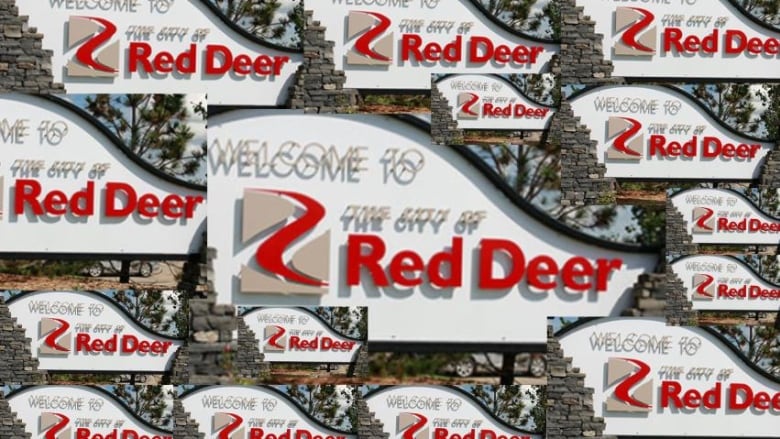 The City of Red Deer welcome sign, over and over again in various sizes