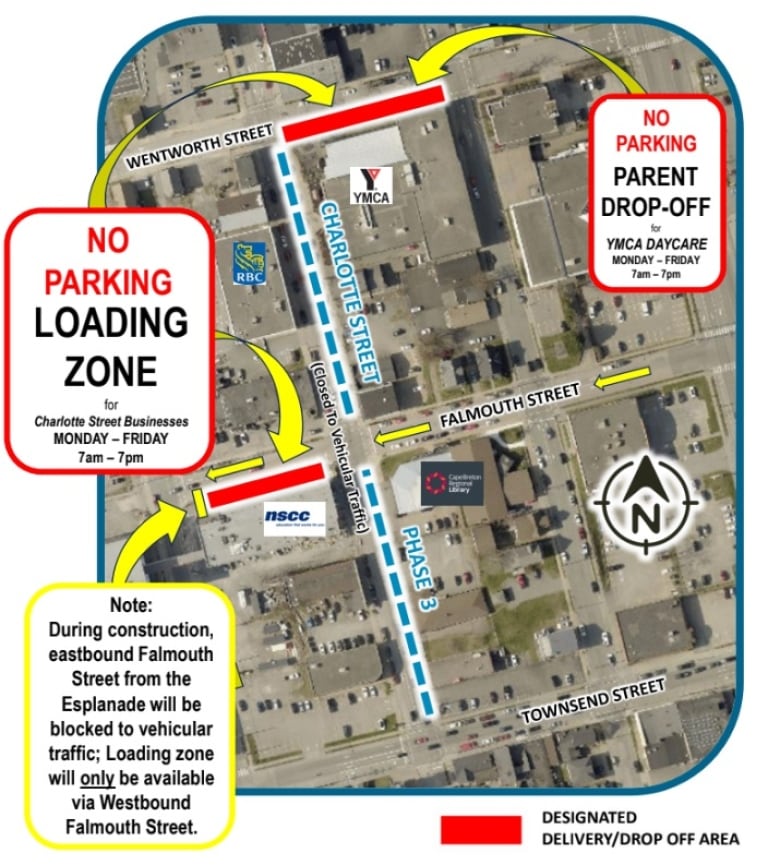 A map with arrows and instructions shows what the effect of construction will be on some city streets.