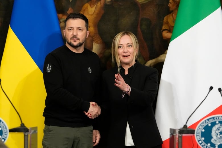 Ukrainian President Volodymyr Zelenskyy, left, and Italian Premier Giorgia Meloni shake hands during a press conference after their meeting at Chigi Palace, Government's office, in Rome, Saturday, May 13, 2023. While the world awaits Ukraine's spring offensive, its leader Volodymyr Zelenskyy has already launched a diplomatic one. In a span of a week, he has dashed to Italy, the Vatican, Germany, France and Britain to shore up support for the defense of his country. On Friday, May 19, 2023, he was in Saudi Arabia to meet with Arab leaders, some of whom are allies with Moscow. 