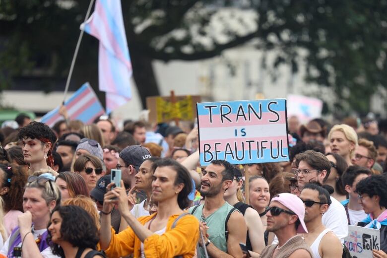 Protesters take part in the Trans Pride March in London, Britain, July 8, 2023. 