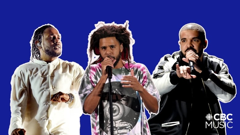 Kendrick wears an all white jacket and pants, J cole wears a brightly coloured tee, and Drake wears a black and white jacket.