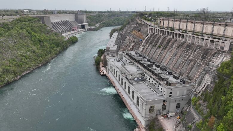 Aerial photo of a hydroelectric power plant. 