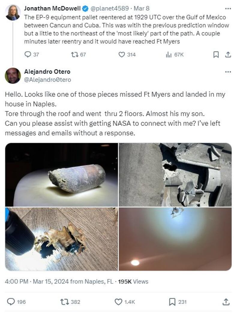 A screenshot of a post on X (formerly Twitter), wherein Alejandro Otero says the space debris hit his roof and includes images of the damage.