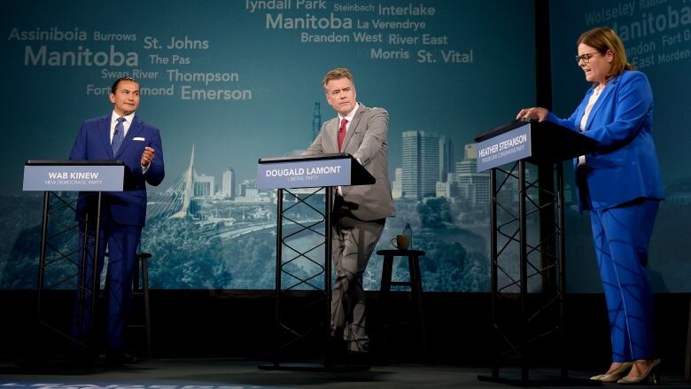 Three people are seen in a debate, standing behind podiums.