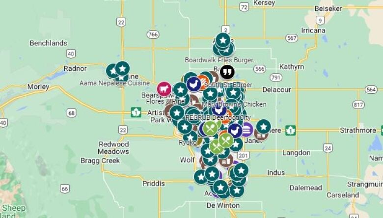 An image of Maaza, a map that shows more than 100 restaurants in Calgary that offer halal options.