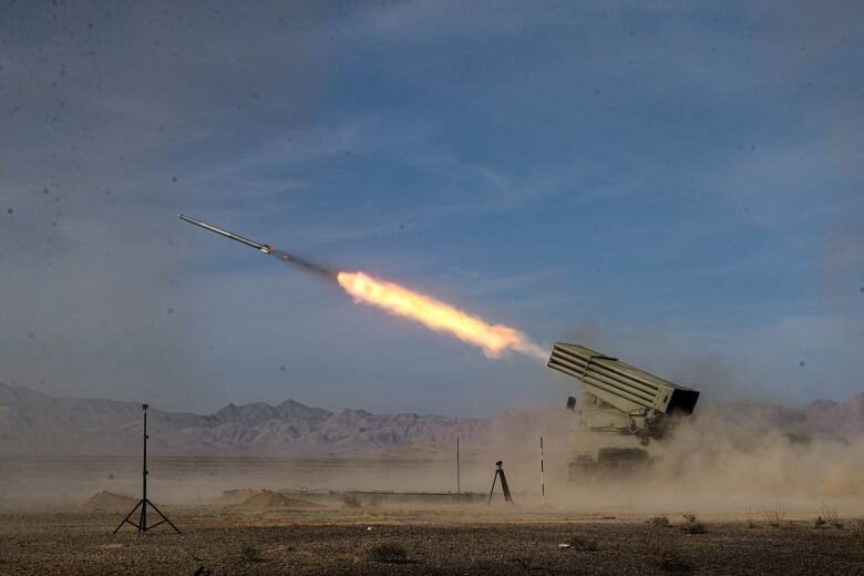 A missile is launched during a military exercise in Isfahan, Iran, on Oct. 28, 2023. 