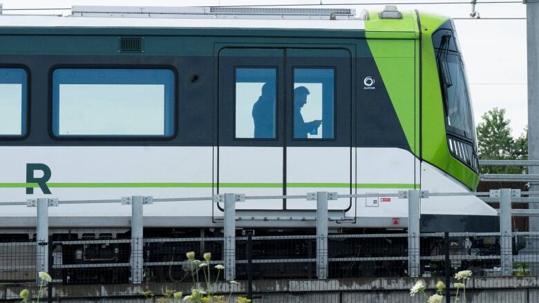 Close up of the first car of the REM train. 