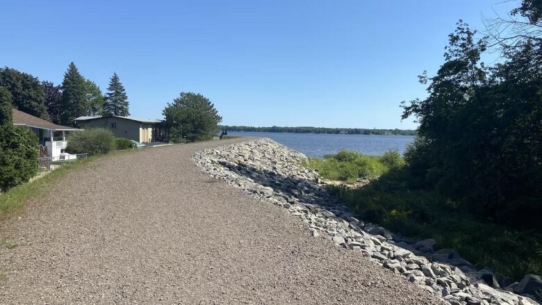 Waterfront homes and a gravel road