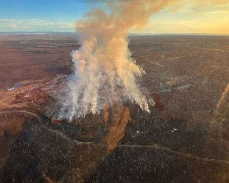 An aerial image of a wildfire shows orange smoke columns billowing into a blue sky.