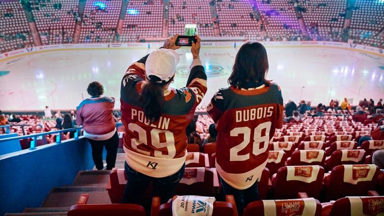 Two fans stand above a hockey rink.