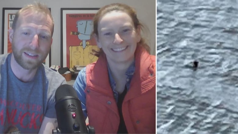 A composite photo of a couple behind a microphone on the left and a blurry black object in water on the right.