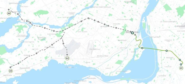 A map of Montreal with green and grey lines marking a light-rail project.