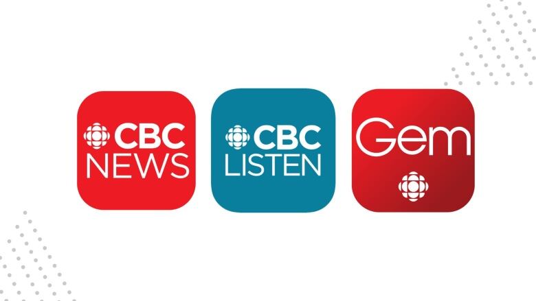 A white background and three icons are shown horizontally. A red square with CBC News, a blue square with CBC Listen and a red square with CBC Gem