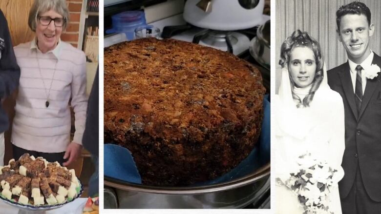 Three photos: A woman behind a cake, a closeup of a fruitcake and a black-and-white photo of a man and woman on their wedding day.