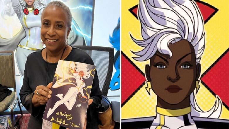 two photos. left image shows a woman holding a signed image. right image shows a cartoon face in comic book style animation.