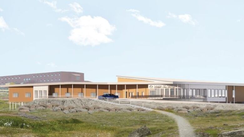 An artist's rendering of a long-term care home surrounded by grass and rocks