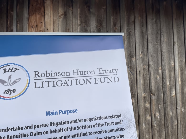 A banner that reads Robinson Huron Treaty Litigation Fund against a wooden banner.