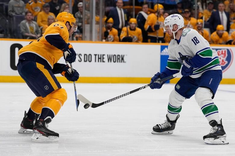 Two hockey players spar.