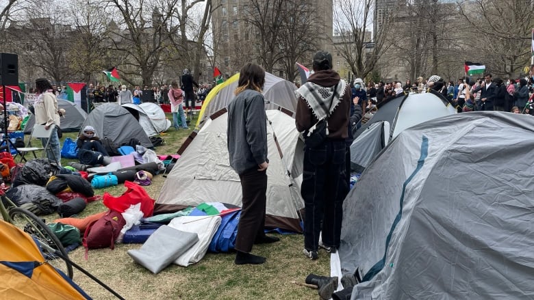 Tents and a crowd of students on the lawn of Mcgill's campus. 