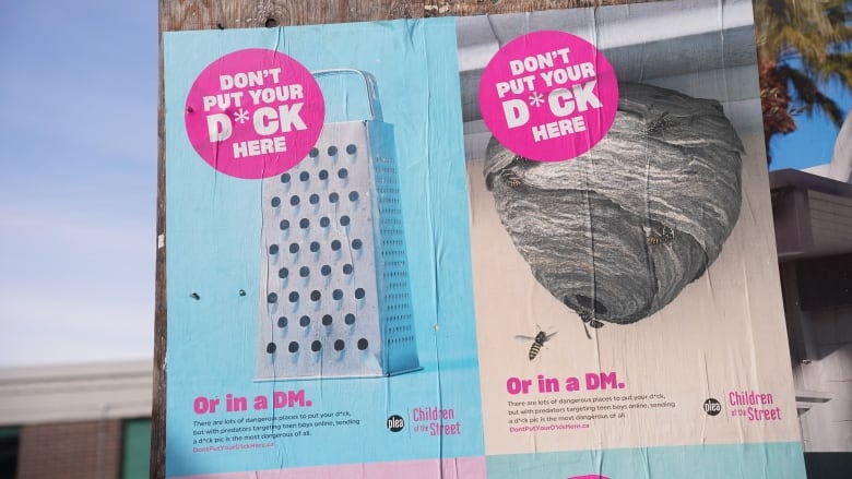 Advertisements that show a grater and a beehive with the words 'Don't put your dick here' spelled out.