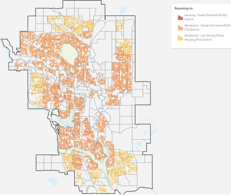 a map of calgary shows differentlt coloured areas for which neighbourhoods are involved in the proposal to rezone.