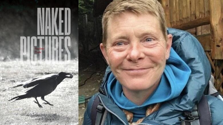 The book cover with a black and white photograph of a crow and the author photo of a woman with short hair wearing a blue winter jacket